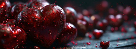 A close-up shot of a pile of shiny red hearts, with a dark background, perfect for Valentine's Day.
