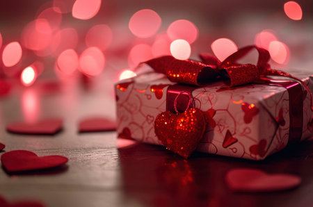A close-up of a beautifully wrapped gift box adorned with a heart and ribbon, surrounded by festive lights.の写真素材