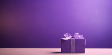 A purple gift box with a white ribbon sits on a purple background, creating a simple and elegant composition.の写真素材