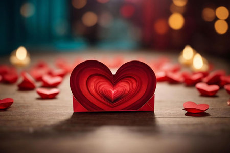 A close up view of a red paper heart folded with several layers, placed on a wooden table with a blurry background of warm light and candle light, conveying a sense of love and romance.の写真素材