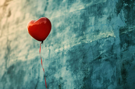 A red heart shaped balloon floats against a vintage blue concrete wallの写真素材