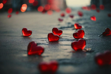 Close up shot of red glass hearts on a beach at sunset.の写真素材