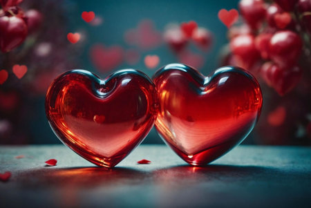 Two shiny red glass hearts close-up. Romantic, Valentines Day theme.の写真素材