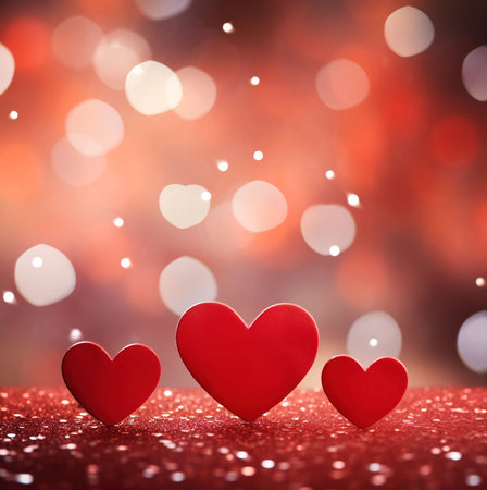 Three red hearts on a shimmering red background with bokeh lights. The hearts represent love, romance, and Valentine's Day.の写真素材