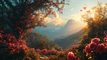 A magical mountain landscape with a breathtaking sunset, roses, and hearts floating in the air.の写真素材