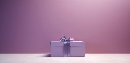 A purple gift box with a satin ribbon sits on a white table against a purple background. The simple, yet elegant design suggests celebration or a special occasion.の写真素材