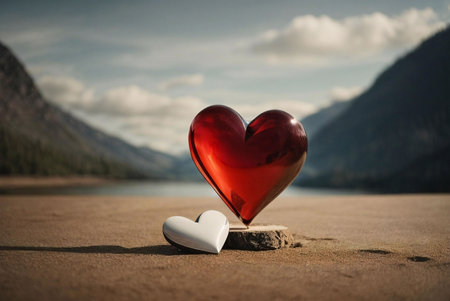 A red glass heart sits on a sandy shore with a white heart in front, mountains and a lake in the background.の写真素材
