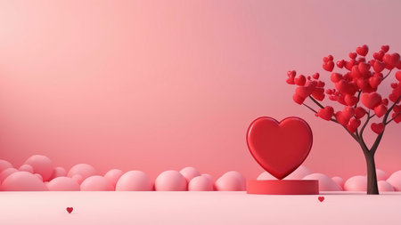 A 3D rendering of a romantic scene with a heart tree and large heart, perfect for Valentine's Day.の写真素材