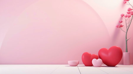 A romantic scene with hearts and flowers on a pink background