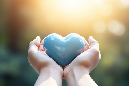 A pair of hands gently cradles a blue heart, symbolizing love, compassion, and care.の写真素材