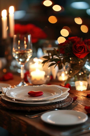 A romantic dinner table setting with candles, roses, and a heart-shaped decoration on a white plate.の写真素材