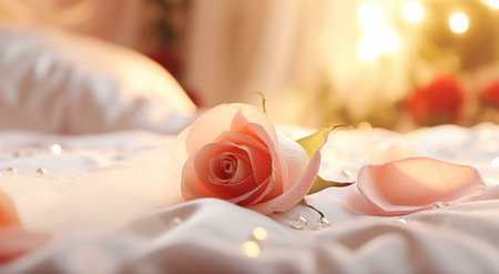 A single pink rose rests on a luxurious bed, creating a romantic and serene atmosphere.の写真素材