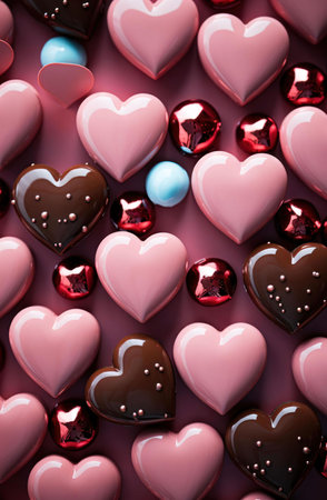 A close-up shot of various heart-shaped chocolates on a pink background.