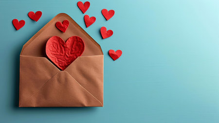 Red heart-shaped paper inside a brown envelope on a blue background.の写真素材