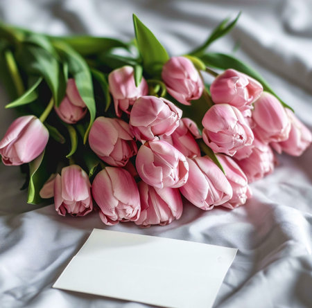 A vibrant bouquet of pink tulips arranged on a pristine white bedspread. The soft, pastel colors and delicate blooms create a romantic and elegant atmosphere.の写真素材