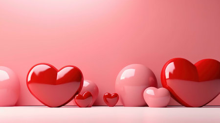 A row of glossy red and pink hearts against a pink background, symbolizing love and romance.