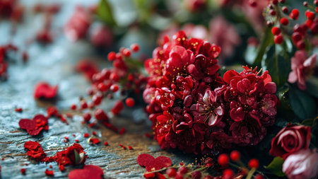 Close-up of a vibrant red flower bouquet with delicate petals and a rustic wooden background.の写真素材