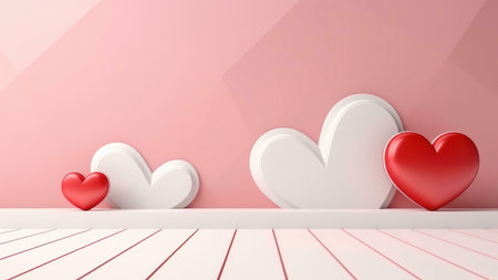 Three hearts, one red and two white, are placed on a pink background with a wooden floor.の写真素材
