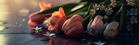 A delicate bouquet of pink tulips and white flowers, bathed in the golden light of the setting sun.の写真素材