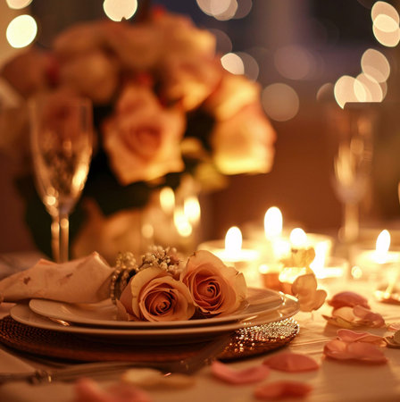 A beautifully set table with roses, candles, and warm lighting creates a romantic ambiance for a special dinner.の写真素材