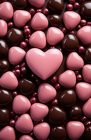 A close-up shot of an assortment of pink and brown chocolate hearts.