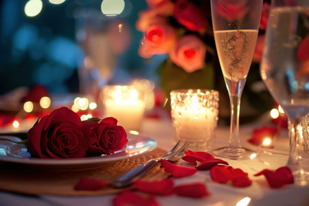 A romantic dinner table setting with roses, candles, and champagne.の写真素材