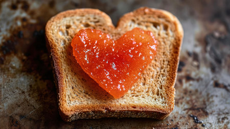 A close-up of a slice of toasted bread with heart-shaped jam on top.の写真素材