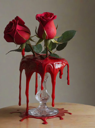 Red roses in a glass vase dripping with a viscous substance.の写真素材