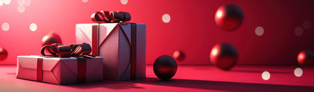 Two silver gift boxes with red ribbon and bows on a red background with bokeh lights. The boxes are wrapped in shiny paper and the ribbons are tied with a knot. The boxes are sitting on a table and the background is blurred.の写真素材