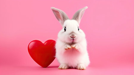 A white rabbit with soft fur and big eyes sits on a pink background with a red heart.の写真素材