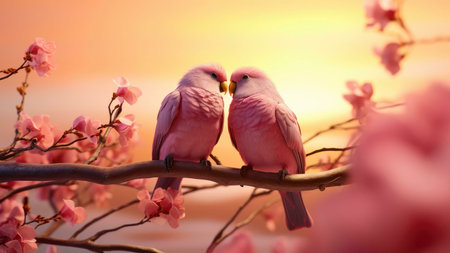 Two pink parrots perched on a branch with cherry blossoms, symbolizing love and spring.