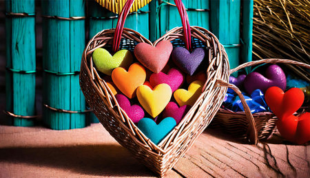 A close-up view of a basket shaped like a heart filled with colorful felt hearts. The basket is made of wicker and has a rustic look.の写真素材