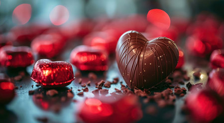 A heart-shaped chocolate sits amongst a pile of red chocolate hearts.の写真素材