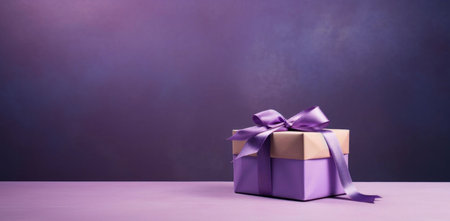 A beautifully wrapped purple gift box with a bow sitting on a purple background.