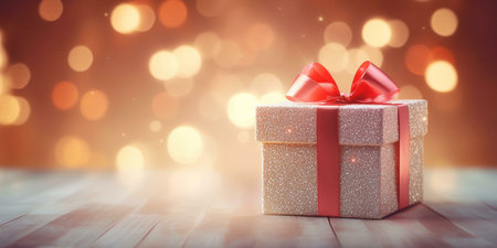 A glistening white gift box adorned with a bright red bow sits on a wooden surface, bathed in a warm glow of golden bokeh lights, evoking a festive and celebratory atmosphere.の写真素材