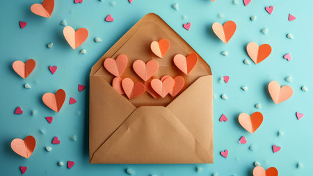 A brown envelope filled with pink and orange paper hearts on a blue backgroundの写真素材