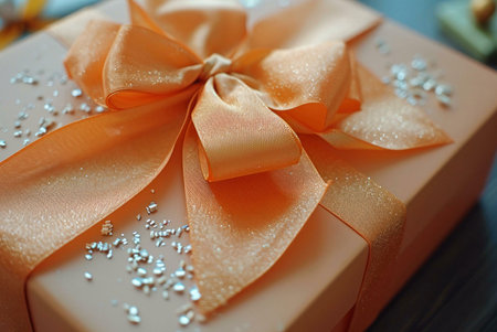 Close up shot of a beautifully wrapped gift box with an orange ribbon and bow, glittering with...