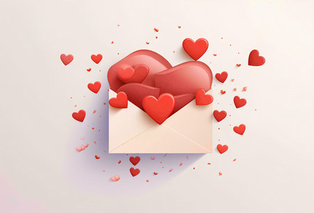 A white envelope with red hearts overflowing from it on a white background