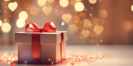 A beautifully wrapped gift box with a red ribbon sits on a table with bokeh lights in the shape of hearts. The background is a warm, inviting color and there are sparkling lights scattered around the gift.の写真素材