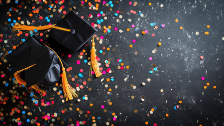 Two graduation caps with golden tassels on a black background with colorful confetti scattered around.の写真素材