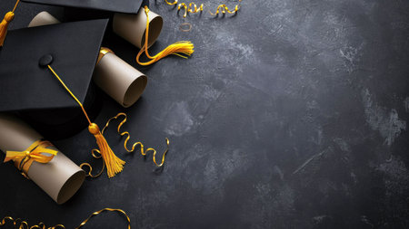 A graduation cap and diploma lie on a dark background, symbolizing the achievement of education and the start of a new chapter.の写真素材