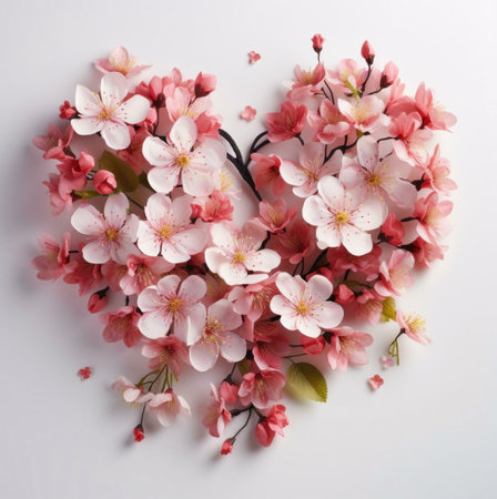 A heart shape formed by pink cherry blossoms, delicate and vibrant, showing the beauty of nature's artistry.の写真素材