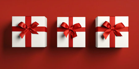 Three white gift boxes with red ribbons and bows on a red background, symbolizing celebration and...