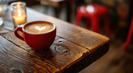 Close-up of a red cup of coffee with a heart-shaped foam design on top. The coffee sits on a wooden table in a cafe setting.の写真素材
