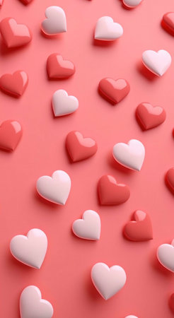 Pink and white hearts on a soft pink background. This simple and minimalist design evokes a romantic...