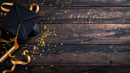 A black graduation cap with a golden tassel and confetti on a dark wooden background. The image represents the joy and success of graduation.の写真素材