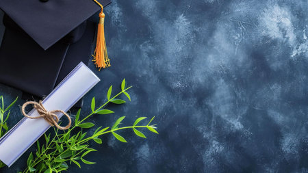 A flat lay image featuring a graduation cap, diploma, and green leaves on a blue background.の写真素材