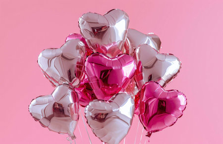 A cluster of pink and silver heart-shaped balloons against a light pink background, evoking feelings of love, joy and celebration.の写真素材