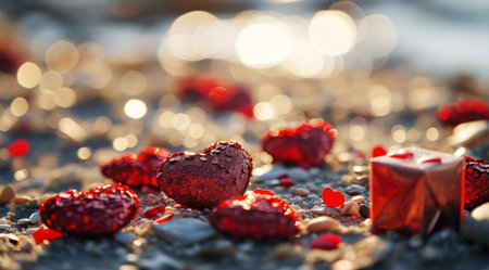 Red hearts scattered on a sandy beach with a gift box in the foreground, creating a romantic and celebratory atmosphere. The warm golden light of sunset adds to the enchanting feel.の写真素材