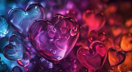A captivating image of many colorful glass hearts. Romantic and passionate, perfect for Valentine's Day.の写真素材